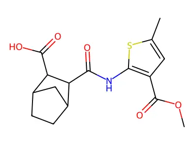 3-({[3-(methoxycarbonyl)-5-methyl-2-thienyl]amino}carbonyl)bicyclo[2.2.1]heptane-2-carboxylic acid structure