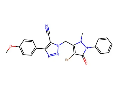 1-[(4-bromo-2-methyl-5-oxo-1-phenyl-2,5-dihydro-1H-pyrazol-3-yl)methyl]-4-(4-methoxyphenyl)-1H-1,2,3-triazole-5-carbonitrile structure