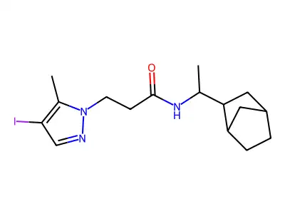 N-[1-(3-bicyclo[2.2.1]heptanyl)ethyl]-3-(4-iodo-5-methylpyrazol-1-yl)propanamide structure