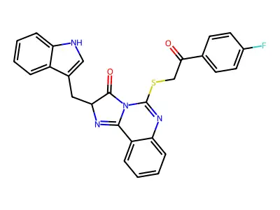 5-[2-(4-fluorophenyl)-2-oxoethyl]sulfanyl-2-(1H-indol-3-ylmethyl)-2H-imidazo[1,2-c]quinazolin-3-one structure