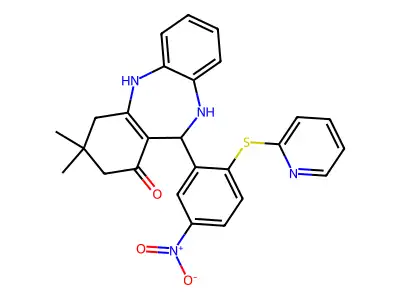 14,14-dimethyl-10-[5-nitro-2-(pyridin-2-ylsulfanyl)phenyl]-2,9-diazatricyclo[9.4.0.0^{3,8}]pentadeca-1(11),3,5,7-tetraen-12-one structure