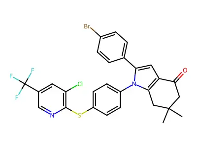 2-(4-bromophenyl)-1-(4-(3-chloro-5-(trifluoromethyl)(2-pyridylthio))phenyl)-6,6-dimethyl-5,6,7-trihydroindol-4-one structure