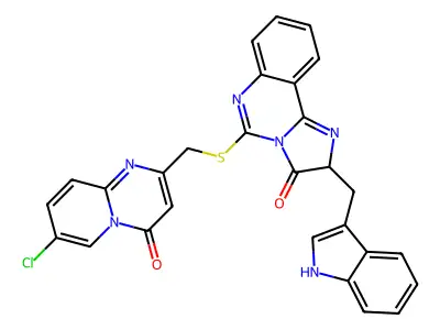 5-[({7-chloro-4-oxo-4H-pyrido[1,2-a]pyrimidin-2-yl}methyl)sulfanyl]-2-[(1H-indol-3-yl)methyl]-2H,3H-imidazo[1,2-c]quinazolin-3-one structure
