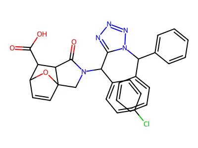 2-{(4-chlorophenyl)[1-(diphenylmethyl)-1H-tetrazol-5-yl]methyl}-1-oxo-1,2,3,6,7,7a-hexahydro-3a,6-epoxyisoindole-7-carboxylic acid structure