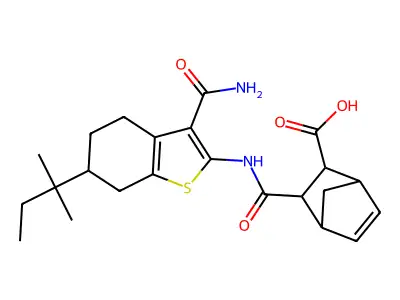 3-{[3-carbamoyl-6-(2-methylbutan-2-yl)-4,5,6,7-tetrahydro-1-benzothiophen-2-yl]carbamoyl}bicyclo[2.2.1]hept-5-ene-2-carboxylic acid structure