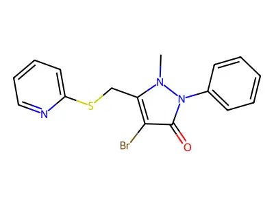 4-Bromo-2-methyl-1-phenyl-3-(2-pyridylthiomethyl)-3-pyrazolin-5-one structure