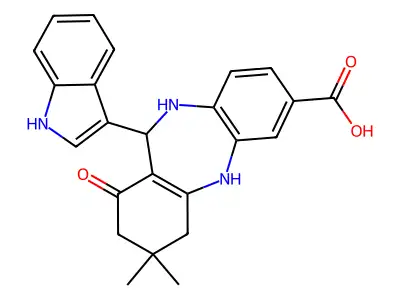 6-(1H-indol-3-yl)-9,9-dimethyl-7-oxo-6,8,10,11-tetrahydro-5H-benzo[b][1,4]benzodiazepine-2-carboxylic acid structure