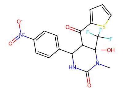 6-hydroxy-1-methyl-4-(4-nitrophenyl)-5-(thiophene-2-carbonyl)-6-(trifluoromethyl)-1,3-diazinan-2-one structure