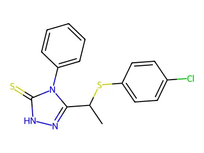 3-[1-(4-chlorophenyl)sulfanylethyl]-4-phenyl-1H-1,2,4-triazole-5-thione structure