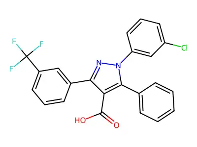 1-(3-Chlorophenyl)-5-phenyl-3-[3-(trifluoromethyl)phenyl]-1H-pyrazole-4-carboxylic acid structure