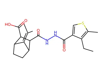 2-[[(4-ethyl-5-methylthiophene-3-carbonyl)amino]carbamoyl]-7-propan-2-ylidenebicyclo[2.2.1]heptane-3-carboxylic acid structure