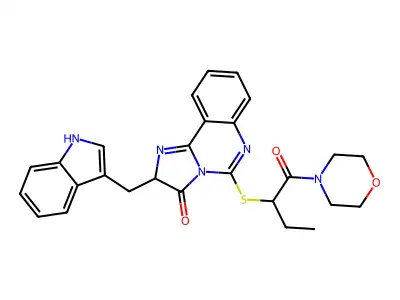 2-[(1H-indol-3-yl)methyl]-5-{[1-(morpholin-4-yl)-1-oxobutan-2-yl]sulfanyl}-2H,3H-imidazo[1,2-c]quinazolin-3-one structure