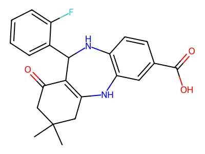 6-(2-fluorophenyl)-9,9-dimethyl-7-oxo-6,8,10,11-tetrahydro-5H-benzo[b][1,4]benzodiazepine-2-carboxylic acid structure