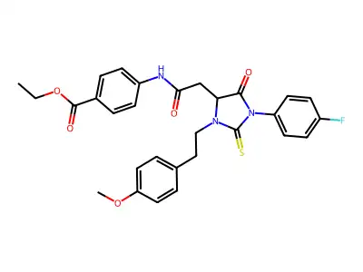 ethyl 4-[({1-(4-fluorophenyl)-3-[2-(4-methoxyphenyl)ethyl]-5-oxo-2-thioxoimidazolidin-4-yl}acetyl)amino]benzoate structure