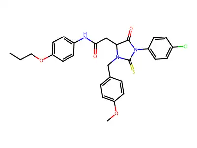 2-[1-(4-chlorophenyl)-3-(4-methoxybenzyl)-5-oxo-2-thioxoimidazolidin-4-yl]-N-(4-propoxyphenyl)acetamide structure