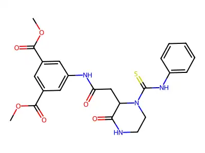 dimethyl 5-({[3-oxo-1-(phenylcarbamothioyl)piperazin-2-yl]acetyl}amino)benzene-1,3-dicarboxylate structure
