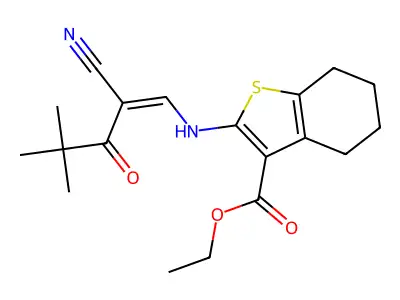 ethyl 2-((2-nitrilo-4,4-dimethyl-3-oxopent-1-enyl)amino)-4,5,6,7-tetrahydrobenzo[b]thiophene-3-carboxylate structure