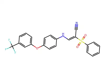 2-(Benzenesulfonyl)-3-[4-[3-(trifluoromethyl)phenoxy]anilino]prop-2-enenitrile structure