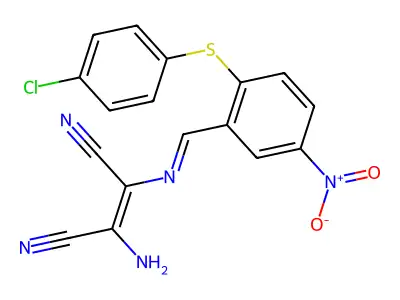 2-amino-1-(1-aza-2-(2-(4-chlorophenylthio)-5-nitrophenyl)vinyl)ethene-1,2-dicarbonitrile structure