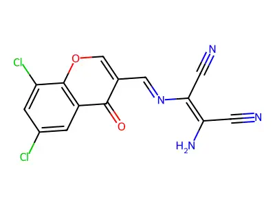 (Z)-2-amino-3-{[(E)-(6,8-dichloro-4-oxo-4H-chromen-3-yl)methylidene]amino}-2-butenedinitrile structure