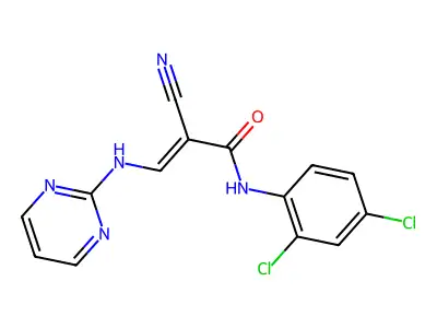 2-cyano-N-(2,4-dichlorophenyl)-3-(pyrimidin-2-ylamino)prop-2-enamide structure
