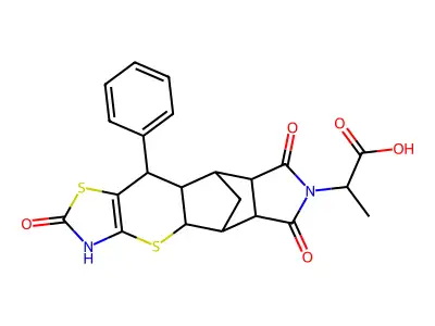 2-((4aR,5R,5aR,8aR,9S)-2,6,8-trioxo-10-phenyl-2,3,4a,5,5a,6,8a,9,9a,10-decahydro-5,9-methanothiazolo[5',4':5,6]thiopyrano[2,3-f]isoindol-7(8H)-yl)propanoic acid structure