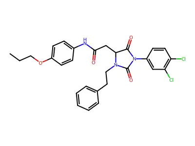 2-[1-(3,4-dichlorophenyl)-2,5-dioxo-3-(2-phenylethyl)imidazolidin-4-yl]-N-(4-propoxyphenyl)acetamide structure