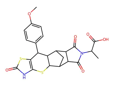 2-((4aR,5R,5aR,8aR,9S)-10-(4-methoxyphenyl)-2,6,8-trioxo-2,3,4a,5,5a,6,8a,9,9a,10-decahydro-5,9-methanothiazolo[5',4':5,6]thiopyrano[2,3-f]isoindol-7(8H)-yl)propanoic acid structure