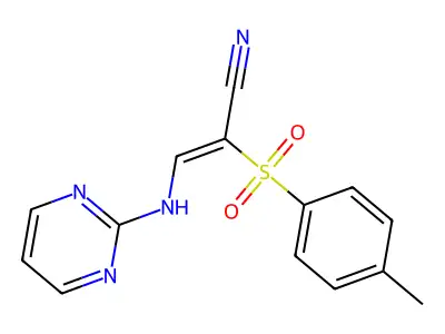 2-((4-Methylphenyl)sulfonyl)-3-(pyrimidin-2-ylamino)prop-2-enenitrile structure