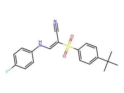 2-(4-Tert-butylphenyl)sulfonyl-3-(4-fluoroanilino)prop-2-enenitrile structure