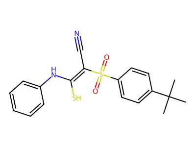 3-Anilino-2-(4-tert-butylphenyl)sulfonyl-3-sulfanyl-prop-2-enenitrile structure
