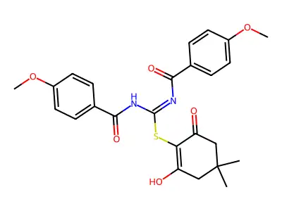 (2-hydroxy-4,4-dimethyl-6-oxocyclohexen-1-yl) N,N'-bis(4-methoxybenzoyl)carbamimidothioate structure