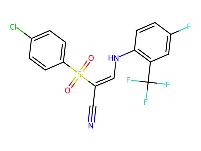 2-(4-chlorophenyl)sulfonyl-3-[4-fluoro-2-(trifluoromethyl)anilino]prop-2-enenitrile structure