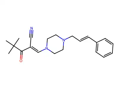 (E)-2-(2,2-dimethylpropanoyl)-3-{4-[(E)-3-phenyl-2-propenyl]piperazino}-2-propenenitrile structure