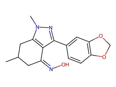 3-(1,3-benzodioxol-5-yl)-1,6-dimethyl-6,7-dihydro-5H-indazol-4-one oxime structure