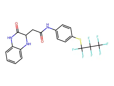 2-(3-oxo-1,2,3,4-tetrahydroquinoxalin-2-yl)-N-(4-((perfluoropropyl)thio)phenyl)acetamide structure