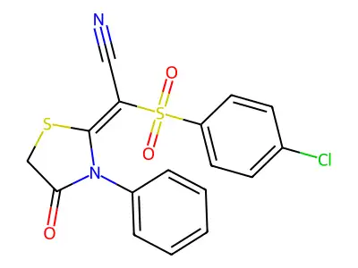 2-(4-chlorophenyl)sulfonyl-2-(4-oxo-3-phenyl-1,3-thiazolidin-2-ylidene)acetonitrile structure