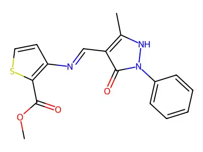 methyl 3-({[(4E)-3-methyl-5-oxo-1-phenyl-4,5-dihydro-1H-pyrazol-4-ylidene]methyl}amino)thiophene-2-carboxylate structure