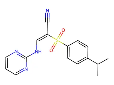 2-(4-Isopropylphenyl)sulfonyl-3-(pyrimidin-2-ylamino)prop-2-enenitrile structure