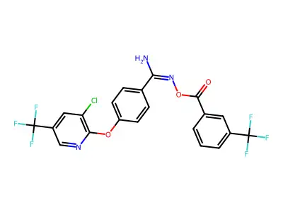2-amino-1-aza-2-(4-(3-chloro-5-(trifluoromethyl)(2-pyridyloxy))phenyl)vinyl 3-(trifluoromethyl)benzoate structure