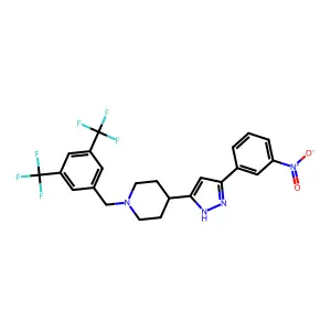 1-{[3,5-bis(trifluoromethyl)phenyl]methyl}-4-[5-(3-nitrophenyl)-1H-pyrazol-3-yl]piperidine structure