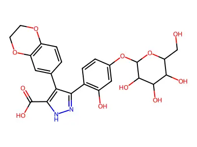 4-(2,3-dihydro-1,4-benzodioxin-6-yl)-3-[2-hydroxy-4-[3,4,5-trihydroxy-6-(hydroxymethyl)oxan-2-yl]oxyphenyl]-1H-pyrazole-5-carboxylic acid structure