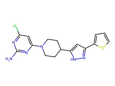 4-chloro-6-{4-[5-(2-thienyl)-1H-pyrazol-3-yl]piperidino}-2-pyrimidinylamine structure