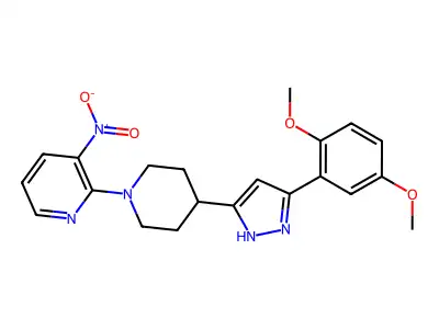 2-[4-[3-(2,5-dimethoxyphenyl)-1H-pyrazol-5-yl]piperidin-1-yl]-3-nitropyridine structure