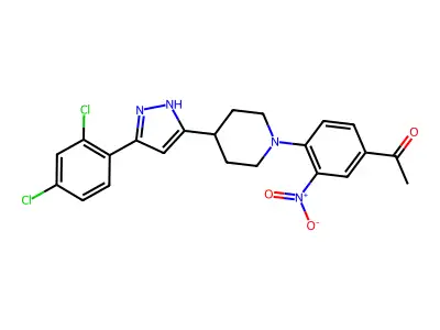 1-(4-{4-[5-(2,4-dichlorophenyl)-1H-pyrazol-3-yl]piperidino}-3-nitrophenyl)-1-ethanone structure