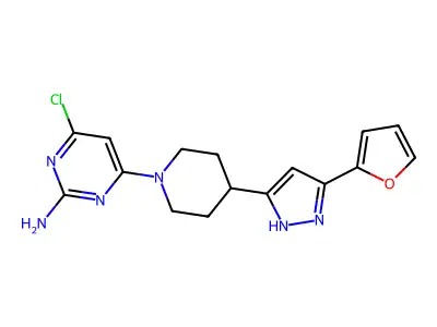4-chloro-6-{4-[5-(2-furyl)-1H-pyrazol-3-yl]piperidino}-2-pyrimidinylamine structure