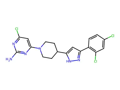 4-chloro-6-{4-[5-(2,4-dichlorophenyl)-1H-pyrazol-3-yl]piperidin-1-yl}pyrimidin-2-amine structure