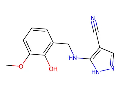 5-[(2-hydroxy-3-methoxybenzyl)amino]-1H-pyrazole-4-carbonitrile structure