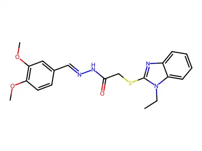 N-[(E)-(3,4-dimethoxyphenyl)methylideneamino]-2-(1-ethylbenzimidazol-2-yl)sulfanylacetamide structure
