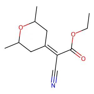 Acetic acid, alpha-cyano-alpha-(3,5-dimethyl-4-oxacyclohexylidene)-, ethyl ester structure